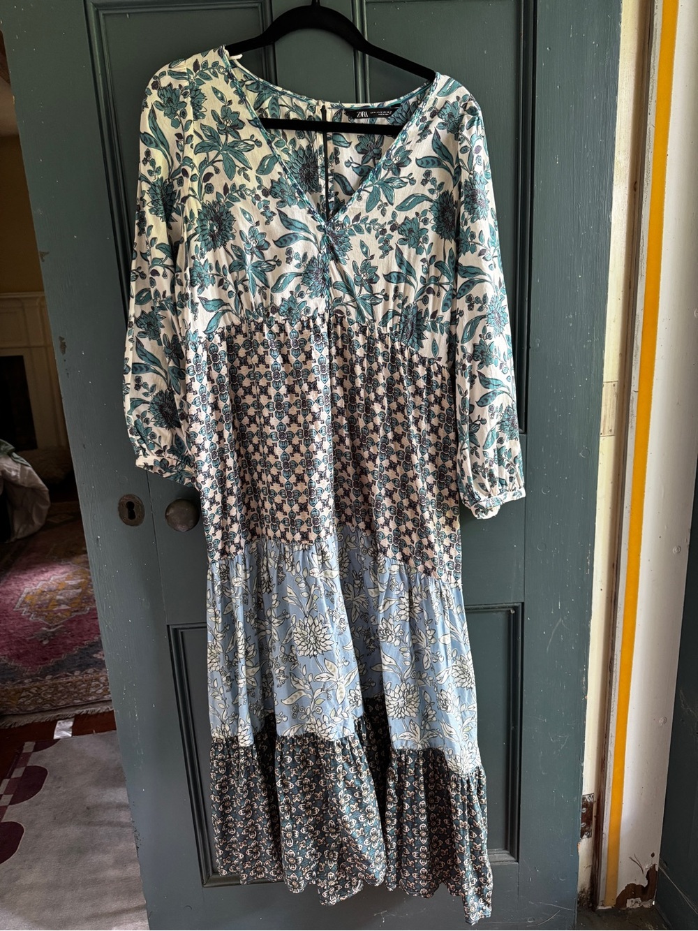 Zara Mixed Print Floral Maxi Dress Long Sleeve V Neck Teal Size M